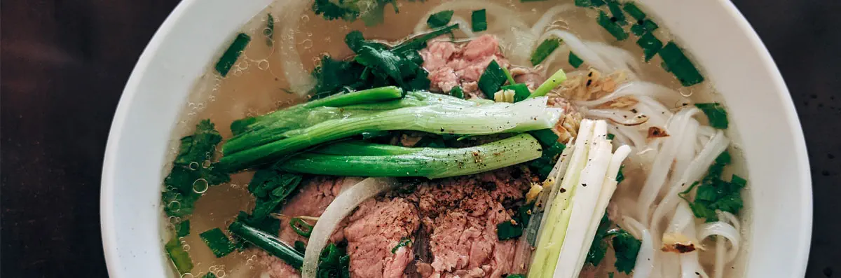 A bowl of pho soup with cilantro, green onions, beef, rice noodles, and a clear broths